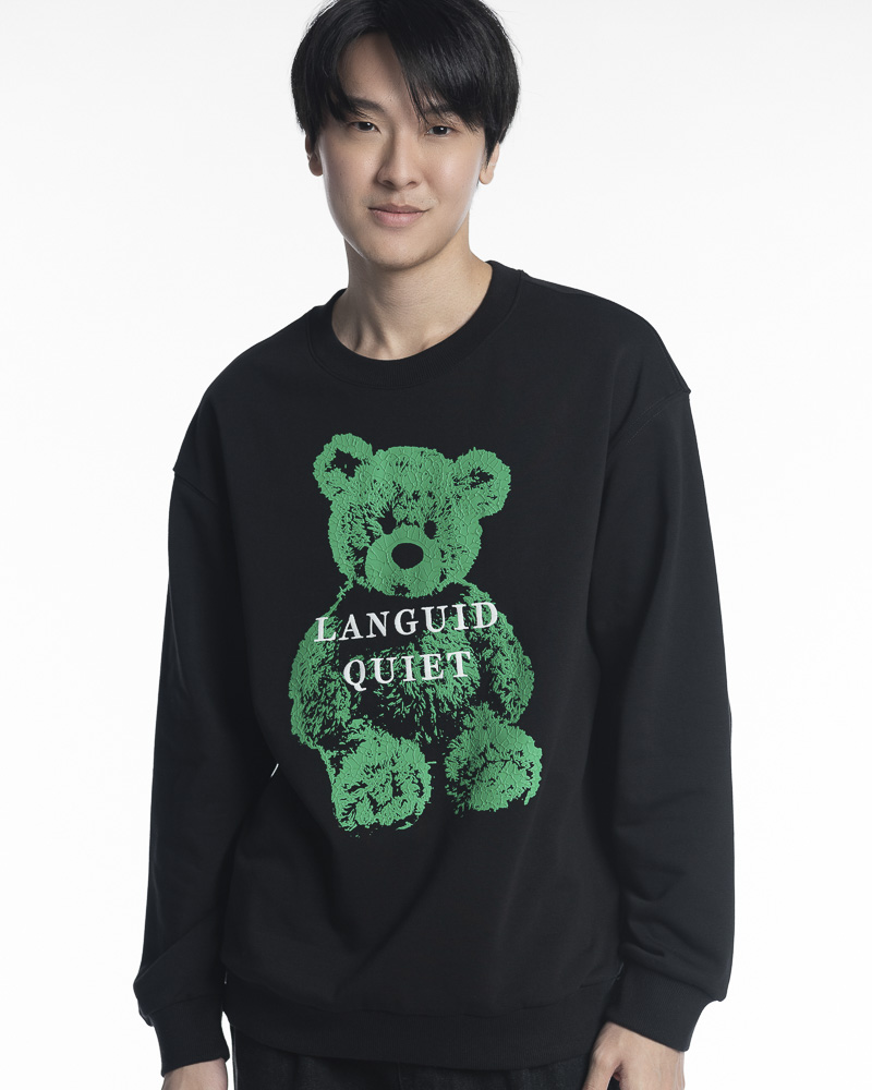 Yishion Men Solid Colour Long Sleeve Sweatshirt with Green Rubber Bear Patch Embroidery and Slogan (Black)